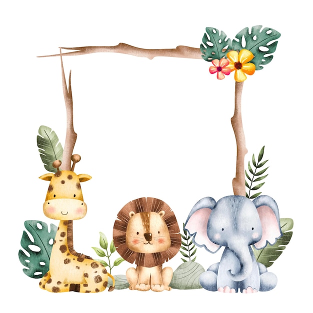 Modelo de quadro de animais de safári de ilustração em aquarela