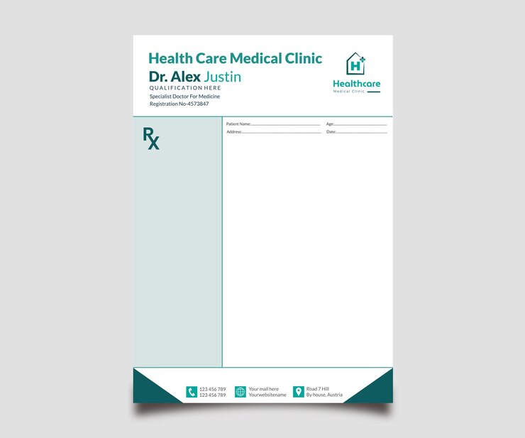Vetor modelo de receita médica de cuidados de saúde limpo para o vetor de papel de carta do médico vazio