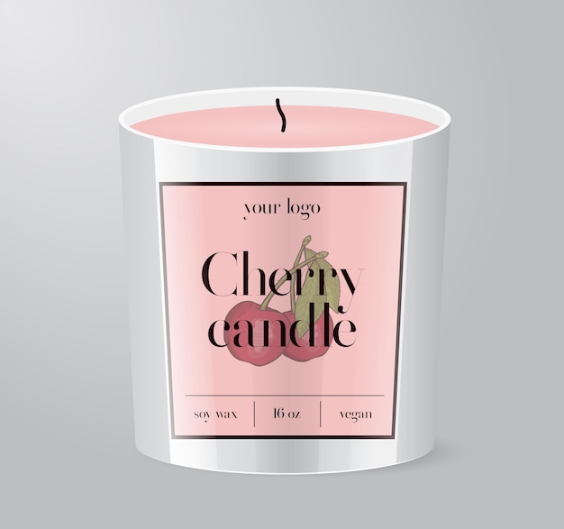 Modelo de rótulo Cherry Candle Embalagem de copo de vidro isolada