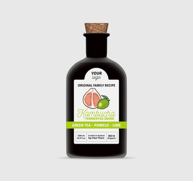 Modelo de rótulo de chá Pomelo Lima Kombucha Embalagem de garrafa isolada