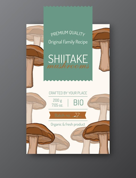 Modelo de rótulo de cogumelo shiitake layout de design de embalagem vetorial moderno isolado