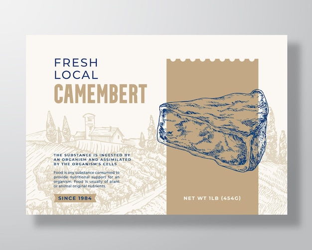 Modelo de rótulo de comida de camembert local premium. layout de design de embalagem de vetor abstrato. banner de tipografia moderna com pedaço de queijo mão desenhada e fundo de paisagem rural. isolado