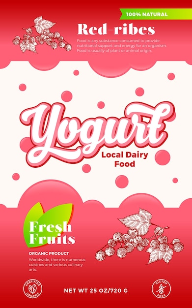 Modelo de rótulo de iogurte de frutas e frutas layout de design de embalagem de laticínios vetor abstrato tipografia moderna banner com fundo de silhueta de esboço de costelas vermelhas isolado