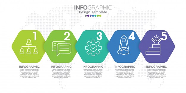 Modelo de rótulo infográfico com ícones e cinco opções ou etapas.