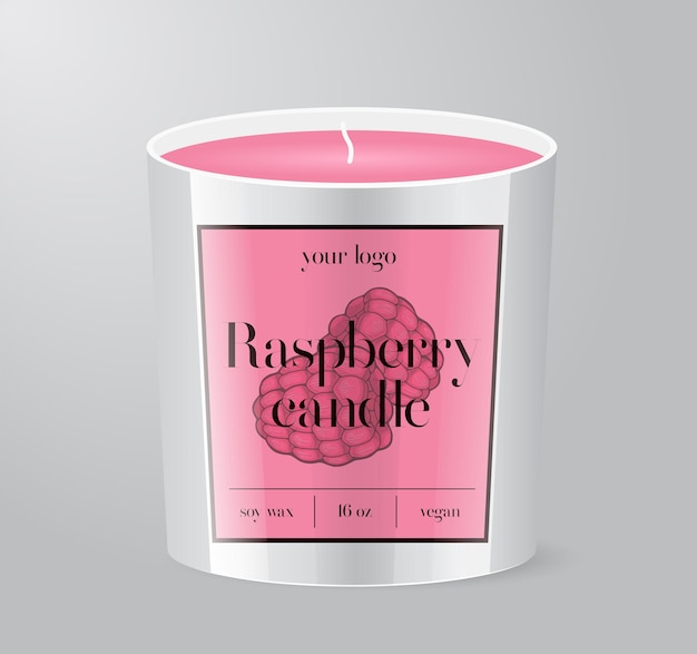 Vetor modelo de rótulo raspberry candle embalagem de copo de vidro isolada