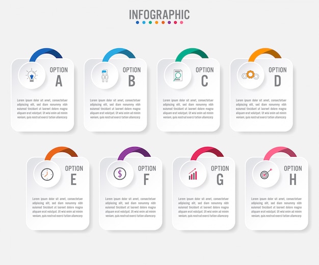 Modelo de rótulos de infográfico de negócios com 8 opções