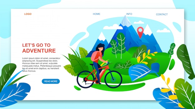 Vetor modelo de site da página de destino para adventure on mountain bike. bicicleta da equitação do turista da mulher dos desenhos animados.