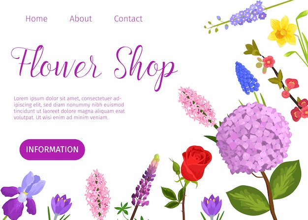 Modelo de site de desenho de vetor de loja de flores. site da loja de florista com jardim