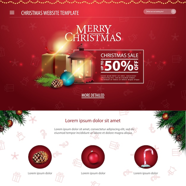 Vetor modelo de site de natal com presentes de natal e lanterna velha