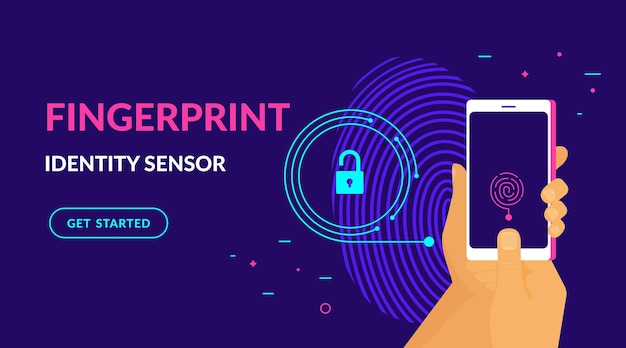 Modelo de site de néon de vetor plano de sensor de identidade de impressão digital de tecnologia de impressão digital