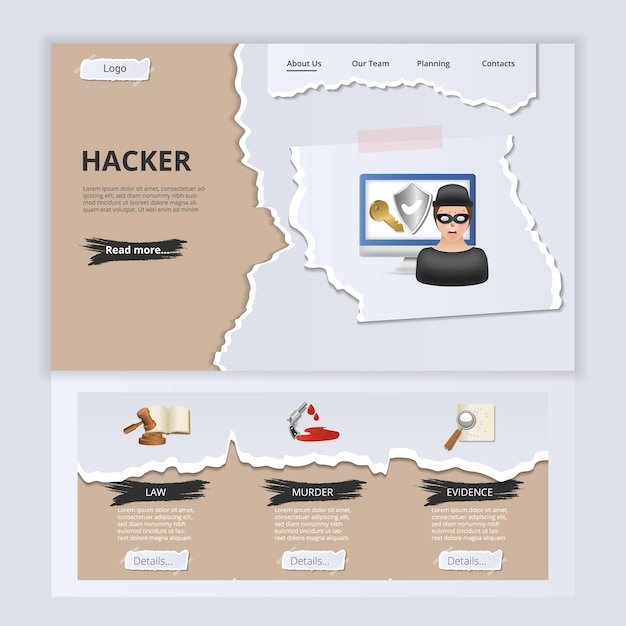 Vetor modelo de site de página de aterrissagem plano de hackers, banner da web de provas de assassinato com conteúdo de cabeçalho e