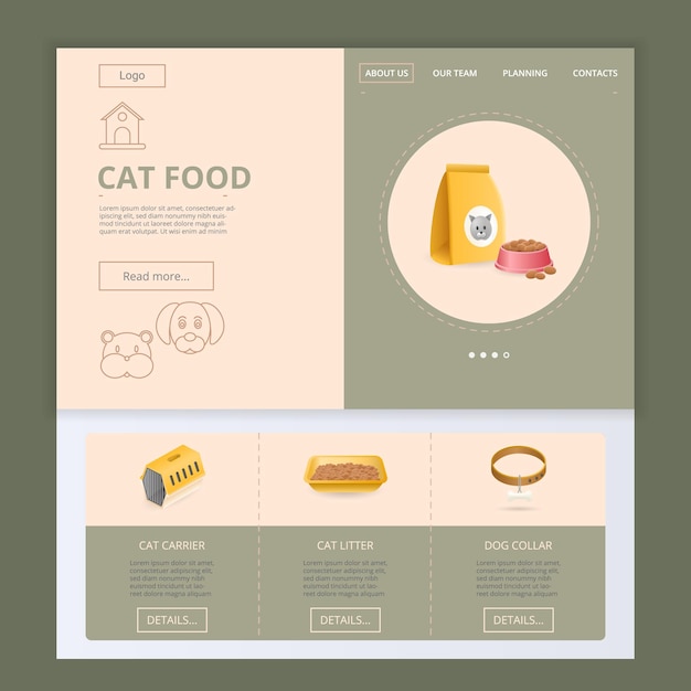 Vetor modelo de site de página de destino plana de comida de gato gato transportador