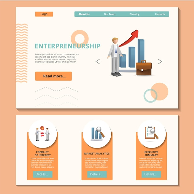 Modelo de site de página de destino plana de empreendedorismo executivo de análise de mercado de conflitos de interesse