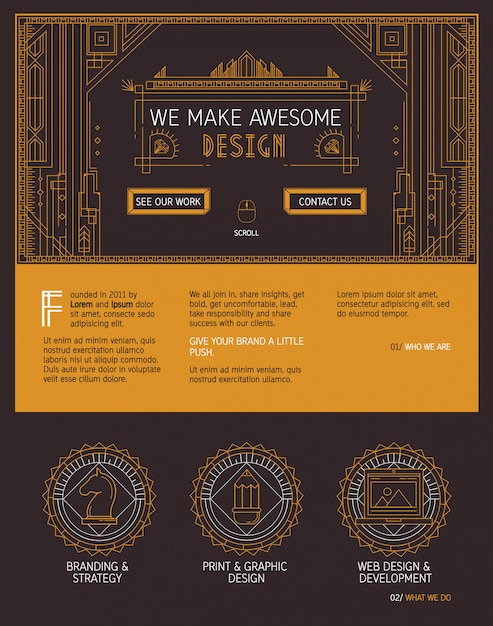 Modelo de site de uma página de vetor em estilo art deco.