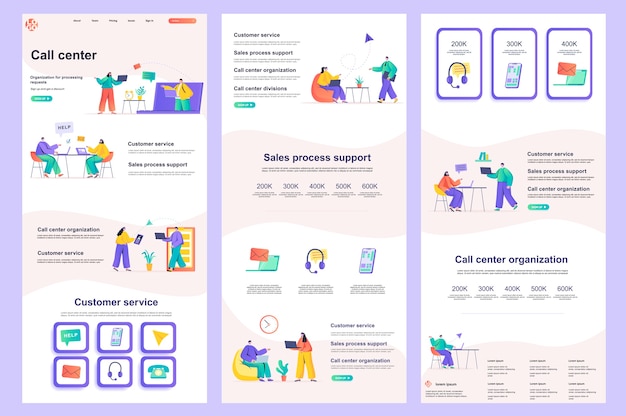 Modelo de site simples da central de atendimento, conteúdo intermediário e rodapé da página de destino