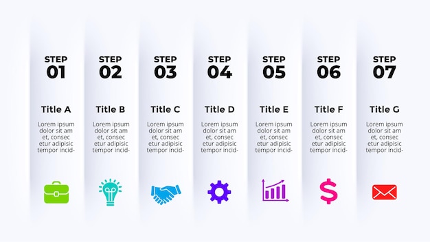 Modelo de slide de apresentação de infográfico de vetor neumórfico 7 opções limpe o estilo plano mínimo