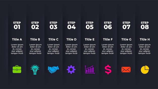 Modelo de slide de apresentação de infográfico de vetor neumórfico escuro estilo plano mínimo limpo