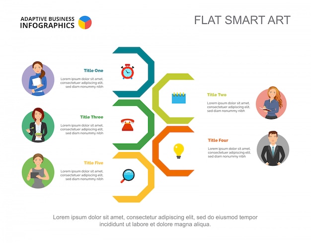 Modelo de slide de fluxo de trabalho de cinco funcionários