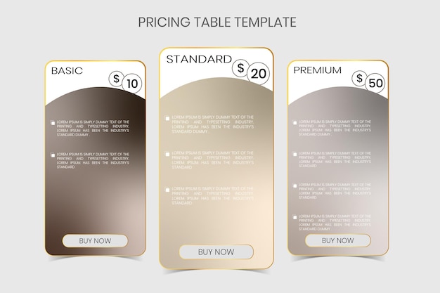 Modelo de tabela de preços, planos de preços gradient web