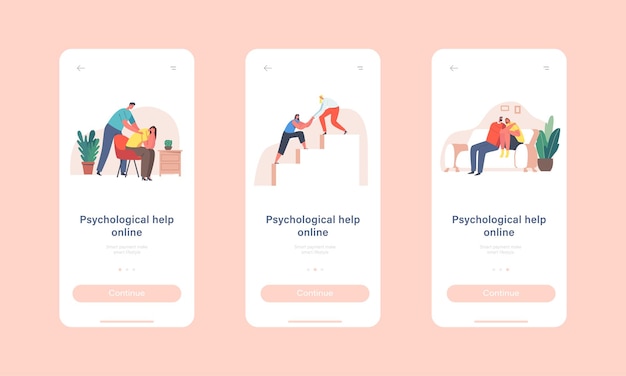 Modelo de tela a bordo da página do aplicativo móvel on-line da ajuda psicológica. personagens dando conforto e apoio aos amigos