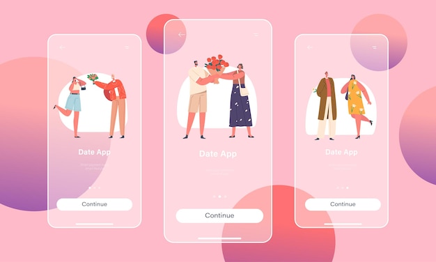 Modelo de tela a bordo de página de aplicativo móvel para encontro homem dá flores para mulher em um gesto romântico amor