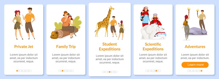Vetor modelo de tela de aplicativo móvel de aventura onboarding. expedição e exploração. viagem, viagem. etapas do site passo a passo com caracteres. ux, ui, gui smartphone conceito de interface dos desenhos animados
