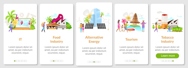 Modelo de tela de aplicativo móvel de integração de negócios na indonésia. indústria de alimentos, tabaco. turismo. etapas do site passo a passo com caracteres. ux, ui, gui smartphone conceito de interface dos desenhos animados