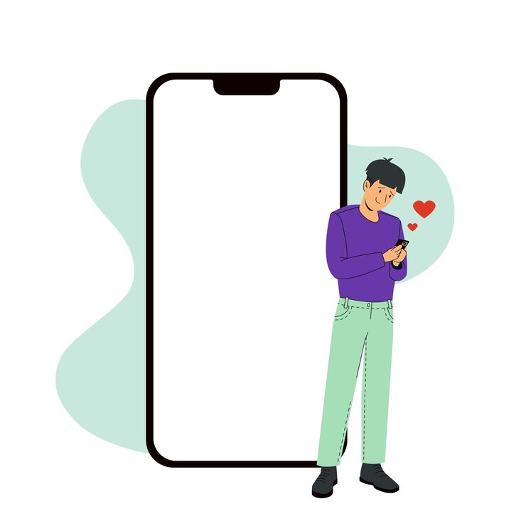Modelo de tela do iphone 14 pro ao lado de um homem apaixonado Vetor moderno