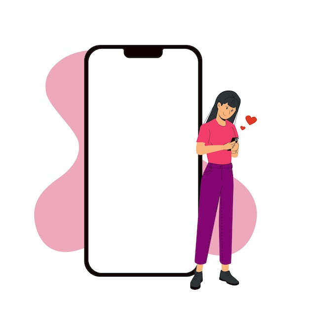 Vetor modelo de tela do iphone 14 pro ao lado de uma mulher apaixonada vetor moderno