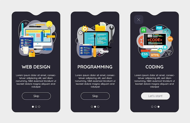 Modelo de tela inicial de aplicativo móvel de iu de design responsivo de design plano com ilustrações da moda