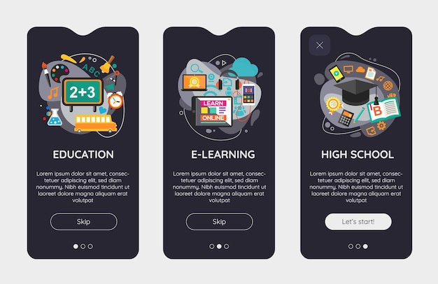 Vetor modelo de tela inicial de aplicativo móvel responsivo de e-learning e iu educacional com design plano com ilustrações da moda