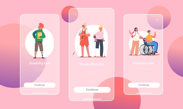 Vetor modelo de tela integrada de página de aplicativo móvel para crianças com deficiência personagens de crianças com deficiência em prótese biônica para cadeira de rodas