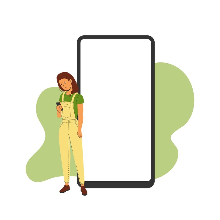 Modelo de telefone com correspondência ao lado de uma ilustração vetorial de mulher triste