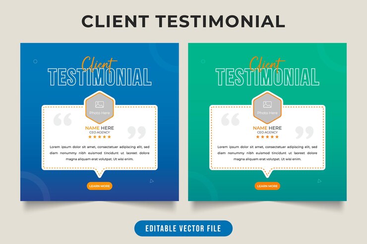 Vetor modelo de testemunho de feedback de trabalho e revisão de serviço do cliente com cores verde e azul