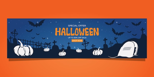 Modelo de venda de banner da Web para Halloween com abóboras e lápides em fundo azul