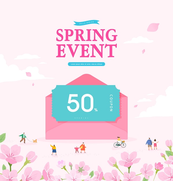 Modelo de venda de primavera com linda flor ilustração vetorial tradução em coreano compras de primavera