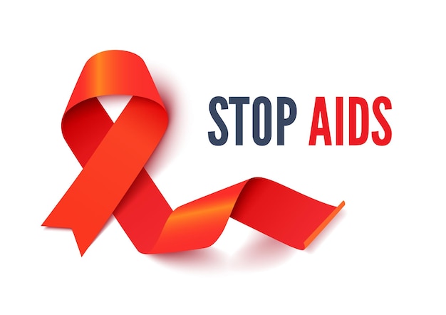 Modelo de vetor banner mês de conscientização de AIDS e HIV. Layout de cartaz de solidariedade com doenças médicas. Campanha de preocupação com a saúde e apoio a pessoas doentes. Ilustração de fita de seda vermelha com tipografia