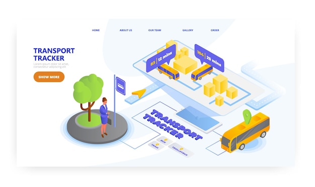 Modelo de vetor de banner de site de design de página de destino de rastreador de transporte Sistema de rastreamento por gps de localização de transporte público