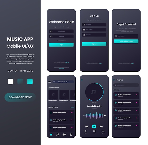 Modelo de vetor de design de telas de aplicativo de música. Wireframes UX UI de aplicativo móvel.