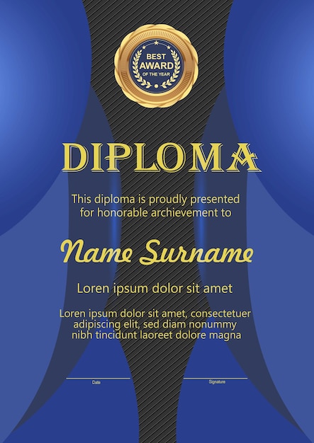 Vetor modelo de vetor de diploma de cor azul e dourado