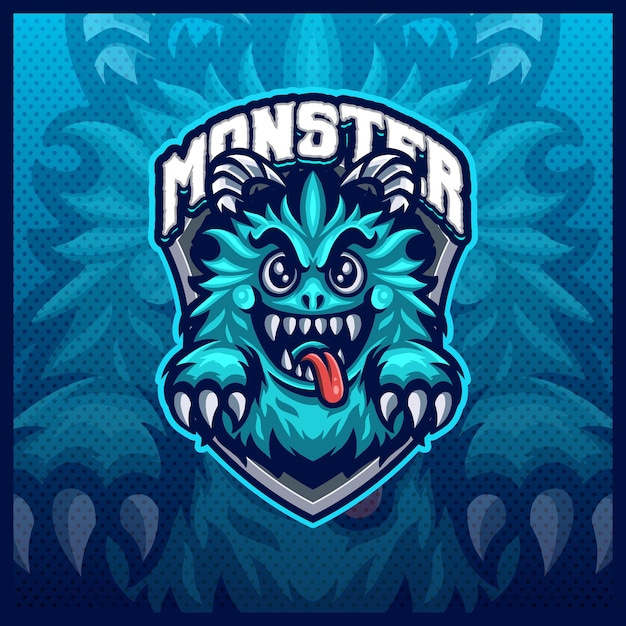 Vetor modelo de vetor de ilustrações de design de logotipo e mascote fofo monster mascote esport