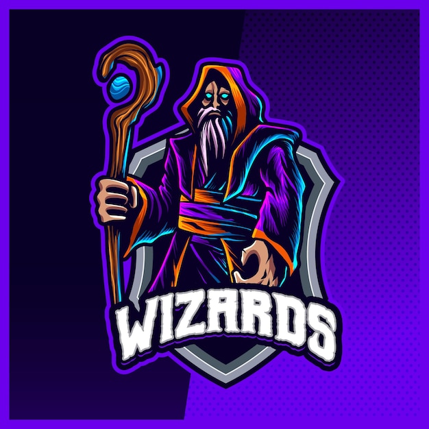 Vetor modelo de vetor de ilustrações de design de logotipo mascote dark wizard magician, witch, logotipo de varinha mágica para flâmula de jogo de equipe banner youtuber twitch discord, estilo cartoon em cores