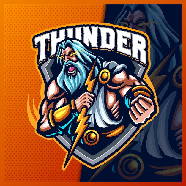 Vetor modelo de vetor de ilustrações de design do logotipo do mascote zeus thunder god e logotipo dos deuses antigos da grécia para produtos de streamer de jogo em equipe, estilo cartoon em cores