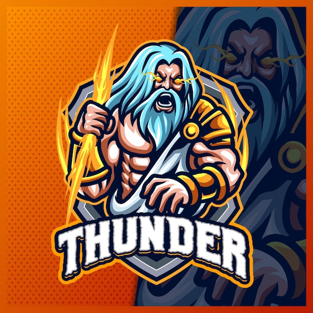 Modelo de vetor de ilustrações de design do logotipo do mascote zeus thunder god e logotipo dos deuses antigos da grécia para produtos de streamer de jogo em equipe, estilo cartoon em cores