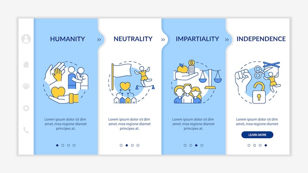 Modelo de vetor de integração de ajuda humanitária. site móvel responsivo com ícones. passo a passo da página da web em telas de 4 etapas. humanidade, conceito de cor imparcialidade com ilustrações lineares