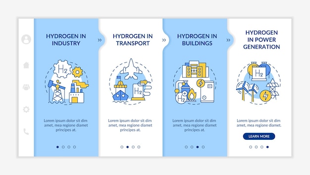 Modelo de vetor de integração de consumo de hidrogênio. site móvel responsivo com ícones. passo a passo da página da web em telas de 4 etapas. edifício, conceito de cores de geração de energia com ilustrações lineares