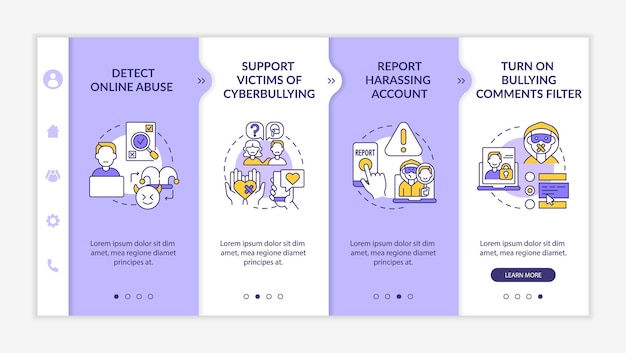 Modelo de vetor de integração de etapas de prevenção de assédio cibernético. site móvel responsivo com ícones. passo a passo da página da web em telas de 4 etapas. detectando o conceito de cor de abuso on-line com ilustrações lineares