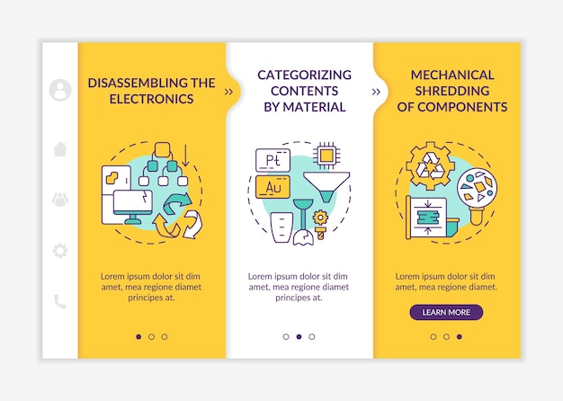 Modelo de vetor de integração de reciclagem de lixo eletrônico. site móvel responsivo com ícones. passo a passo da página da web em telas de 3 etapas. desmontando, classificando o conceito de cor com ilustrações lineares