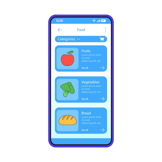 Modelo de vetor de interface de aplicativo de mercearia. layout de design azul de interface de aplicativo móvel. compra de comida de smartphone. compras online. frutas, legumes, pão. iu plana. exibição do telefone com categorias de alimentos