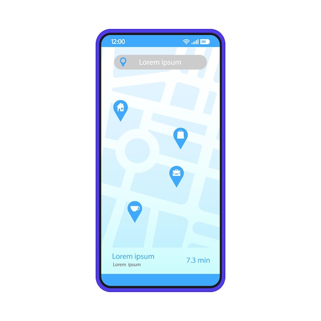 Modelo de vetor de interface de aplicativo de navegação gps. layout de design azul da página do aplicativo móvel. tela de busca de rota. aplicativo de interface do usuário plana. escolhendo o destino. exibição do telefone com mapa digital, pontos